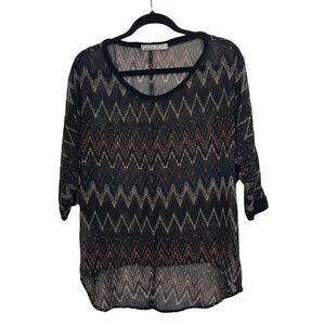 Chloe K Black Geo Print Sheer Blouse Top